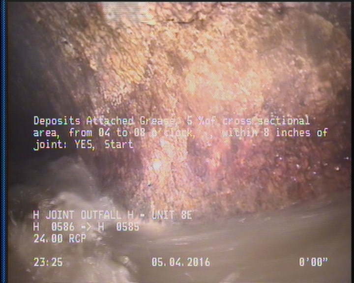 Deposits Attached Grease, 5 %of cross sectional area, from 04 to 08 o'clock, , within 8 inches of joint: YES, Start