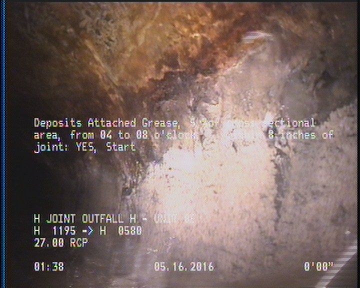 Deposits Attached Grease, 5 %of cross sectional area, from 04 to 08 o'clock, , within 8 inches of joint: YES, Start