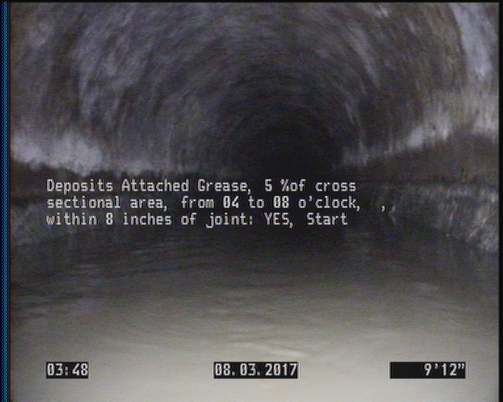 Deposits Attached Grease, 5 %of cross sectional area, from 04 to 08 o'clock, , within 8 inches of joint: YES, Start