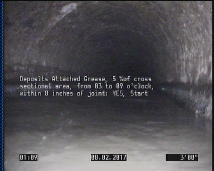 Deposits Attached Grease, 5 %of cross sectional area, from 03 to 09 o'clock, , within 8 inches of joint: YES, Start