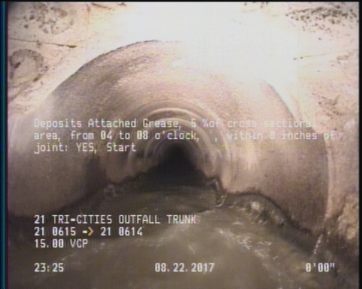 Deposits Attached Grease, 5 %of cross sectional area, from 04 to 08 o'clock, , within 8 inches of joint: YES, Start