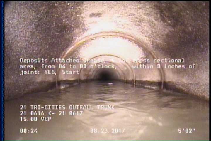 Deposits Attached Grease, 5 %of cross sectional area, from 04 to 08 o'clock, , within 8 inches of joint: YES, Start