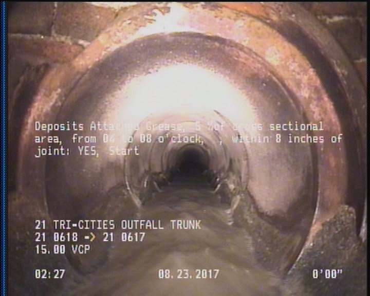 Deposits Attached Grease, 5 %of cross sectional area, from 04 to 08 o'clock, , within 8 inches of joint: YES, Start