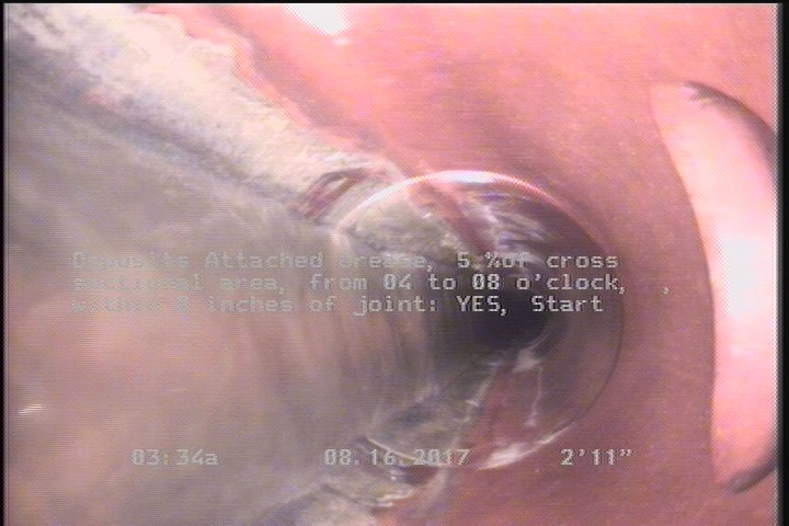 Deposits Attached Grease, 5 %of cross sectional area, from 04 to 08 o'clock, , within 8 inches of joint: YES, Start