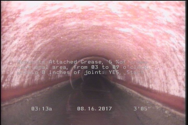 Deposits Attached Grease, 5 %of cross sectional area, from 03 to 09 o'clock, , within 8 inches of joint: YES, Start