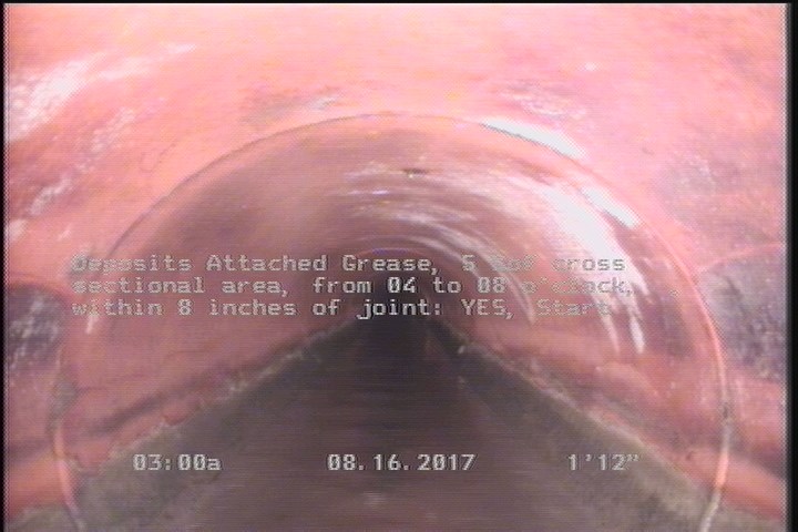Deposits Attached Grease, 5 %of cross sectional area, from 04 to 08 o'clock, , within 8 inches of joint: YES, Start