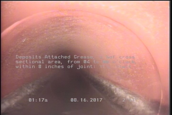 Deposits Attached Grease, 5 %of cross sectional area, from 04 to 08 o'clock, , within 8 inches of joint: YES, Start
