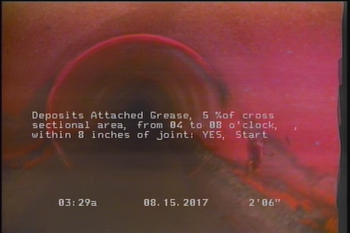Deposits Attached Grease, 5 %of cross sectional area, from 04 to 08 o'clock, , within 8 inches of joint: YES, Start
