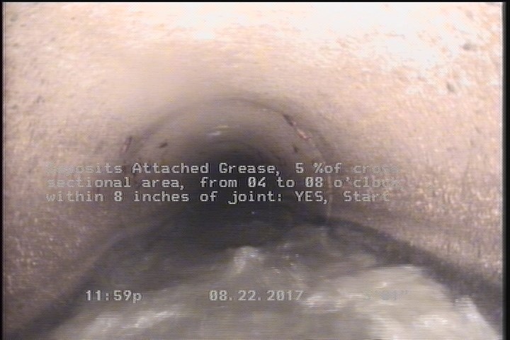 Deposits Attached Grease, 5 %of cross sectional area, from 04 to 08 o'clock, , within 8 inches of joint: YES, Start