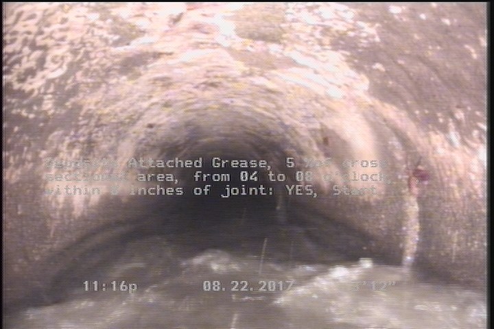 Deposits Attached Grease, 5 %of cross sectional area, from 04 to 08 o'clock, , within 8 inches of joint: YES, Start