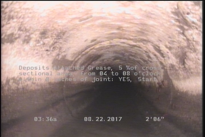 Deposits Attached Grease, 5 %of cross sectional area, from 04 to 08 o'clock, , within 8 inches of joint: YES, Start
