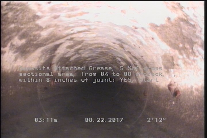 Deposits Attached Grease, 5 %of cross sectional area, from 04 to 08 o'clock, , within 8 inches of joint: YES, Start