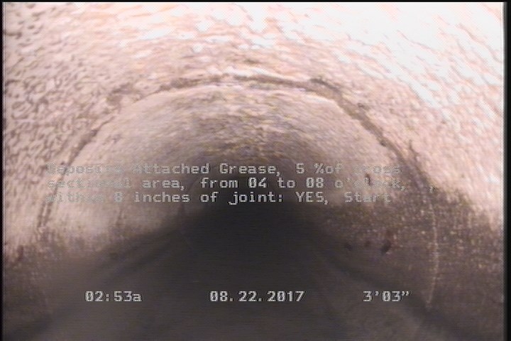 Deposits Attached Grease, 5 %of cross sectional area, from 04 to 08 o'clock, , within 8 inches of joint: YES, Start