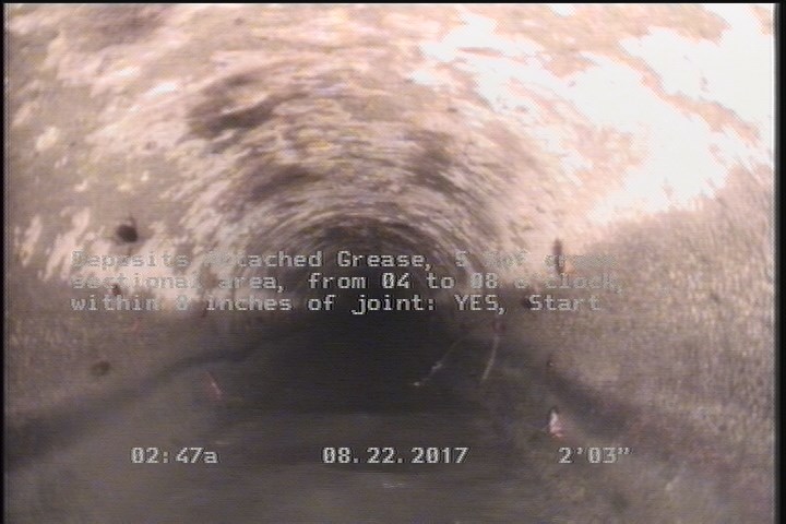 Deposits Attached Grease, 5 %of cross sectional area, from 04 to 08 o'clock, , within 8 inches of joint: YES, Start