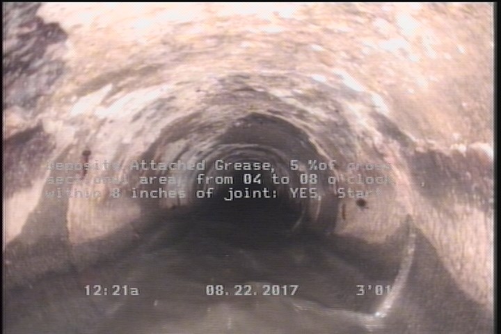Deposits Attached Grease, 5 %of cross sectional area, from 04 to 08 o'clock, , within 8 inches of joint: YES, Start