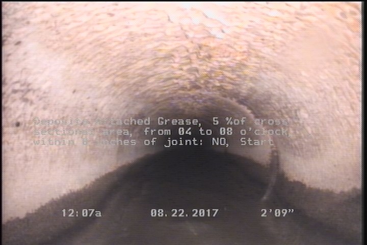 Deposits Attached Grease, 5 %of cross sectional area, from 04 to 08 o'clock, , within 8 inches of joint: NO, Start