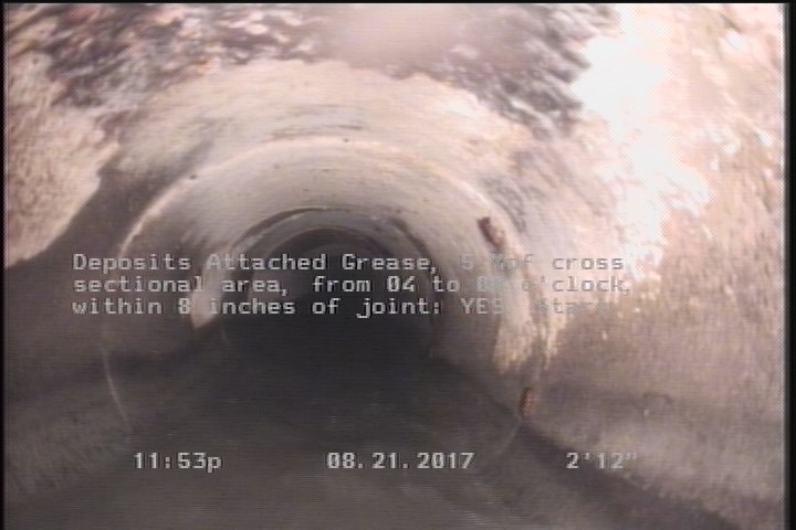 Deposits Attached Grease, 5 %of cross sectional area, from 04 to 08 o'clock, , within 8 inches of joint: YES, Start