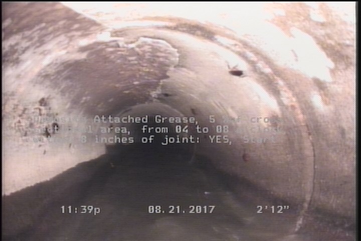 Deposits Attached Grease, 5 %of cross sectional area, from 04 to 08 o'clock, , within 8 inches of joint: YES, Start