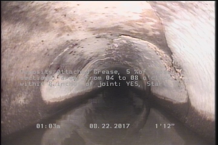 Deposits Attached Grease, 5 %of cross sectional area, from 04 to 08 o'clock, , within 8 inches of joint: YES, Start