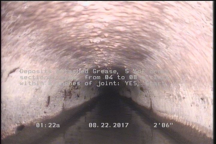 Deposits Attached Grease, 5 %of cross sectional area, from 04 to 08 o'clock, , within 8 inches of joint: YES, Start