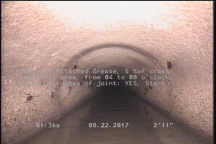 Deposits Attached Grease, 5 %of cross sectional area, from 04 to 08 o'clock, , within 8 inches of joint: YES, Start