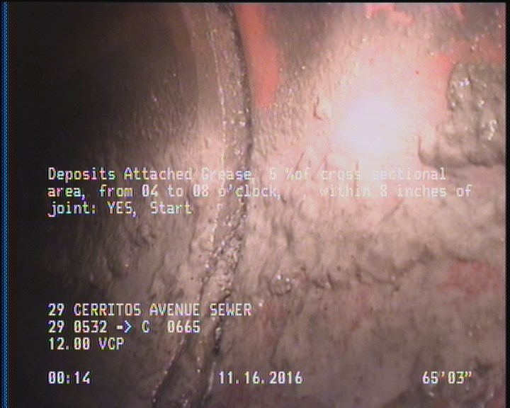 Deposits Attached Grease, 5 %of cross sectional area, from 04 to 08 o'clock, , within 8 inches of joint: YES, Start