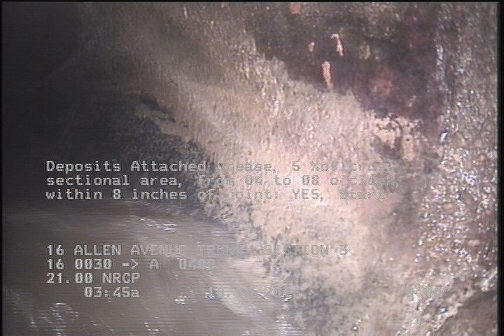 Deposits Attached Grease, 5 %of cross sectional area, from 04 to 08 o'clock, , within 8 inches of joint: YES, Start