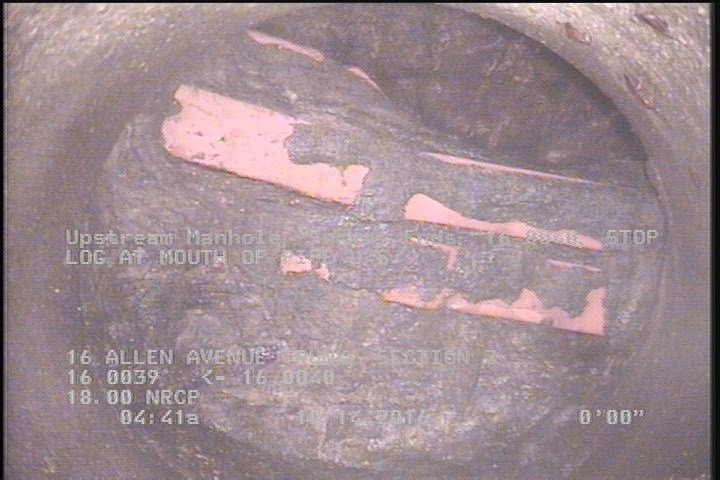 Upstream Manhole, Survey Ends - 16 0040, STOP LOG AT MOUTH OF PIPE U/S.