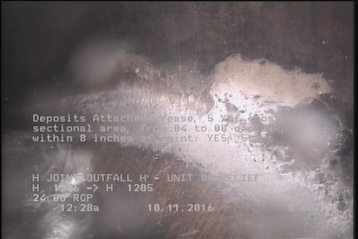 Deposits Attached Grease, 5 %of cross sectional area, from 04 to 08 o'clock, , within 8 inches of joint: YES, Start
