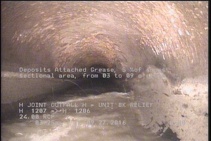 Deposits Attached Grease, 5 %of cross sectional area, from 03 to 09 o'clock, , within 8 inches of joint: YES, Start