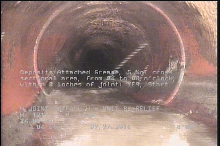 Deposits Attached Grease, 5 %of cross sectional area, from 04 to 08 o'clock, , within 8 inches of joint: YES, Start
