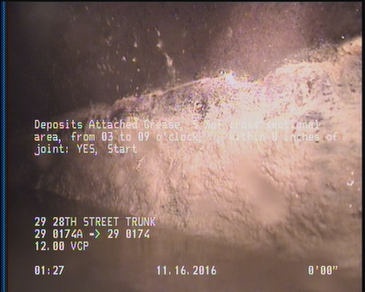 Deposits Attached Grease, 5 %of cross sectional area, from 03 to 09 o'clock, , within 8 inches of joint: YES, Start