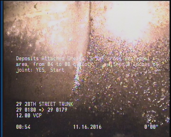 Deposits Attached Grease, 5 %of cross sectional area, from 04 to 08 o'clock, , within 8 inches of joint: YES, Start