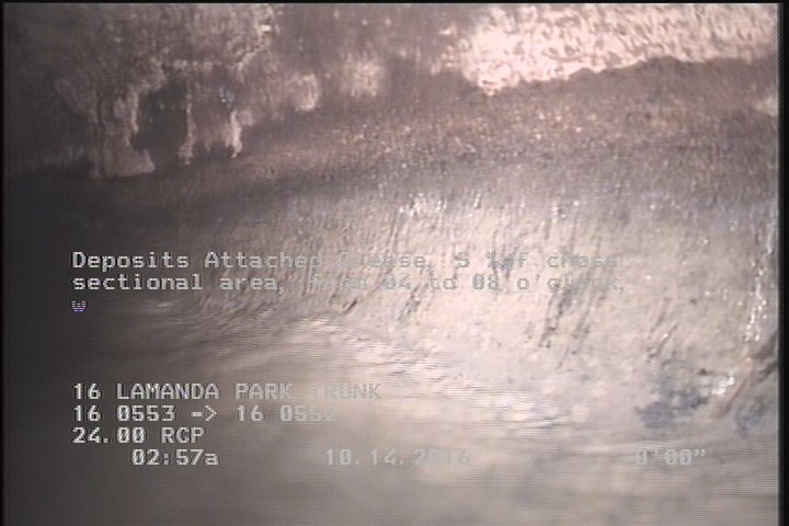 Deposits Attached Grease, 5 %of cross sectional area, from 04 to 08 o'clock, , within 8 inches of joint: YES, Start