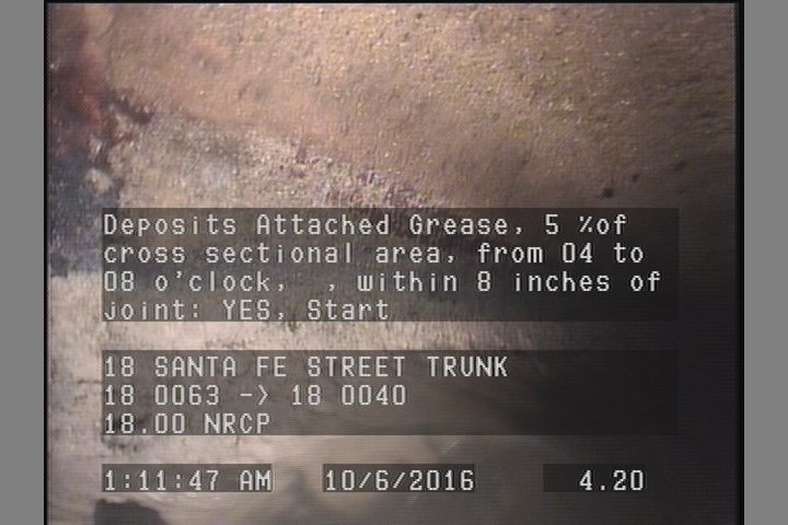 Deposits Attached Grease, 5 %of cross sectional area, from 04 to 08 o'clock, , within 8 inches of joint: YES, Start