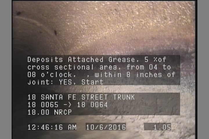 Deposits Attached Grease, 5 %of cross sectional area, from 04 to 08 o'clock, , within 8 inches of joint: YES, Start