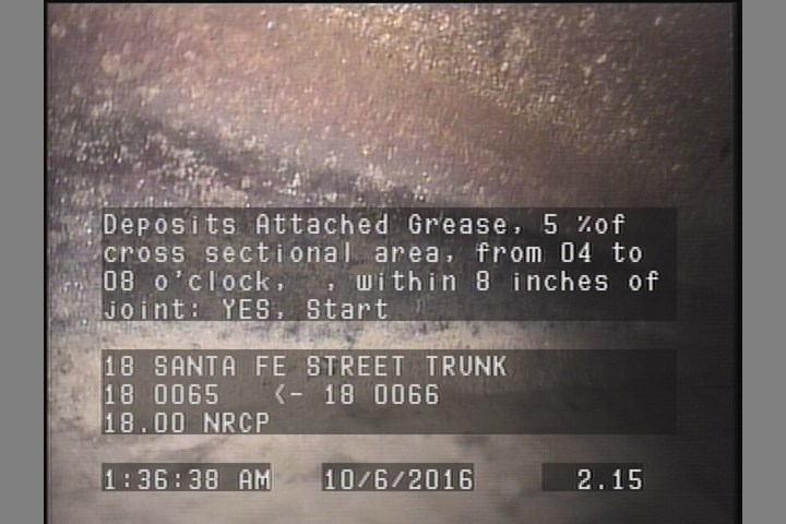 Deposits Attached Grease, 5 %of cross sectional area, from 04 to 08 o'clock, , within 8 inches of joint: YES, Start