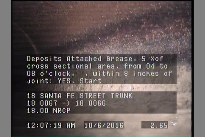 Deposits Attached Grease, 5 %of cross sectional area, from 04 to 08 o'clock, , within 8 inches of joint: YES, Start