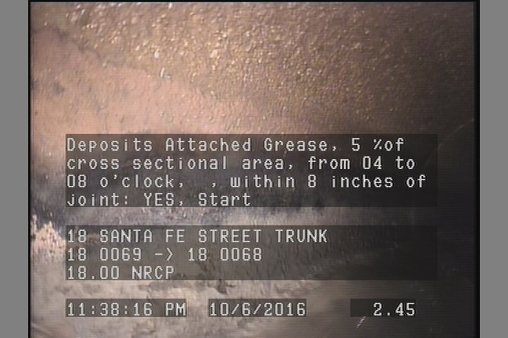 Deposits Attached Grease, 5 %of cross sectional area, from 04 to 08 o'clock, , within 8 inches of joint: YES, Start