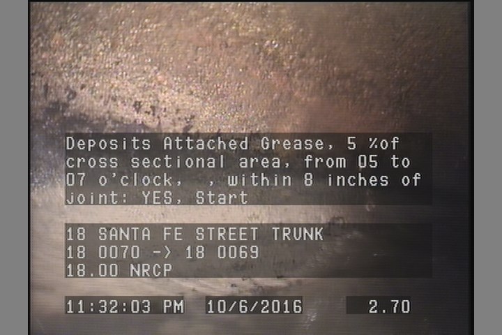 Deposits Attached Grease, 5 %of cross sectional area, from 05 to 07 o'clock, , within 8 inches of joint: YES, Start