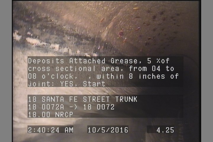 Deposits Attached Grease, 5 %of cross sectional area, from 04 to 08 o'clock, , within 8 inches of joint: YES, Start