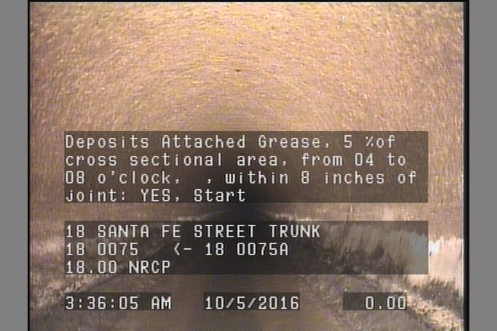 Deposits Attached Grease, 5 %of cross sectional area, from 04 to 08 o'clock, , within 8 inches of joint: YES, Start