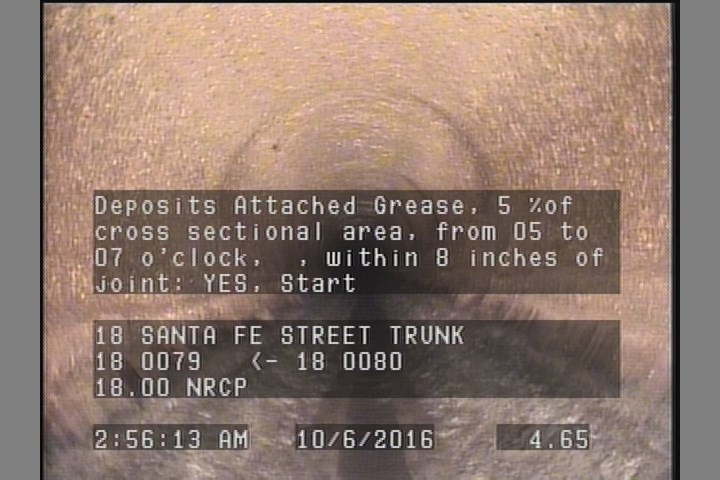 Deposits Attached Grease, 5 %of cross sectional area, from 05 to 07 o'clock, , within 8 inches of joint: YES, Start