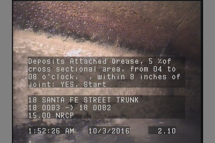 Deposits Attached Grease, 5 %of cross sectional area, from 04 to 08 o'clock, , within 8 inches of joint: YES, Start
