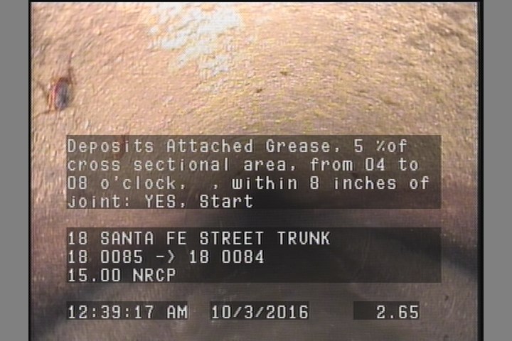 Deposits Attached Grease, 5 %of cross sectional area, from 04 to 08 o'clock, , within 8 inches of joint: YES, Start