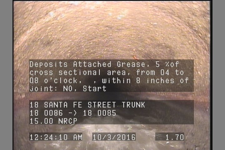 Deposits Attached Grease, 5 %of cross sectional area, from 04 to 08 o'clock, , within 8 inches of joint: NO, Start
