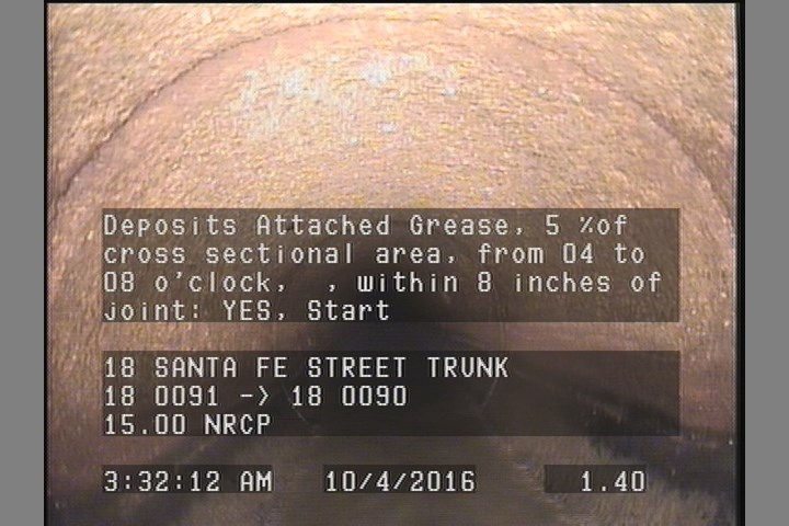 Deposits Attached Grease, 5 %of cross sectional area, from 04 to 08 o'clock, , within 8 inches of joint: YES, Start