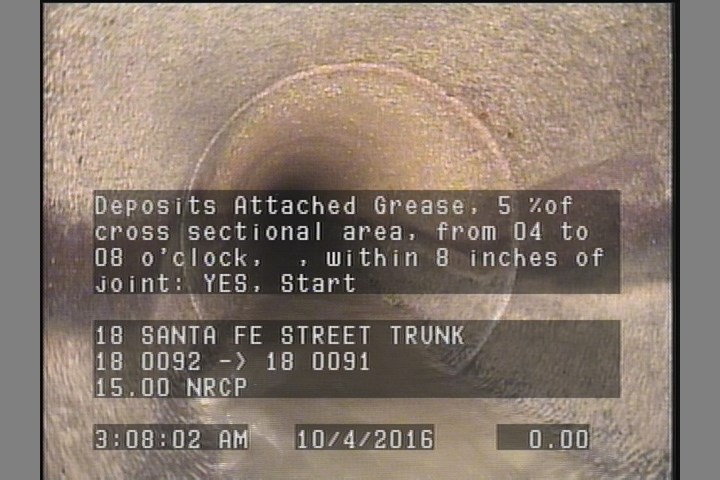 Deposits Attached Grease, 5 %of cross sectional area, from 04 to 08 o'clock, , within 8 inches of joint: YES, Start
