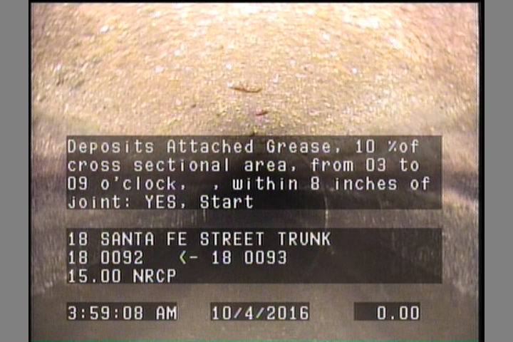 Deposits Attached Grease, 10 %of cross sectional area, from 03 to 09 o'clock, , within 8 inches of joint: YES, Start