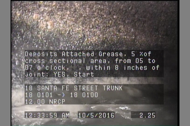 Deposits Attached Grease, 5 %of cross sectional area, from 05 to 07 o'clock, , within 8 inches of joint: YES, Start